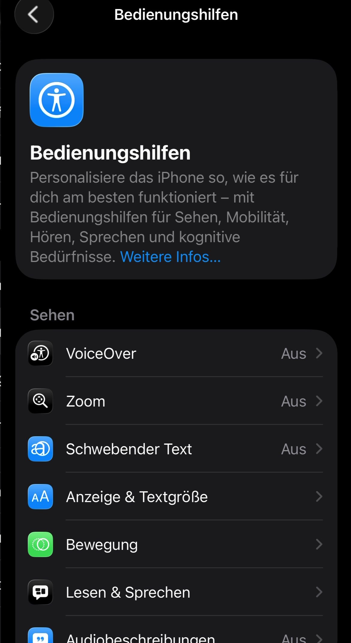 Bedienungshilfen am iPhone, Abschnitt Sehen, Eintrag Anzeige und Textgröße