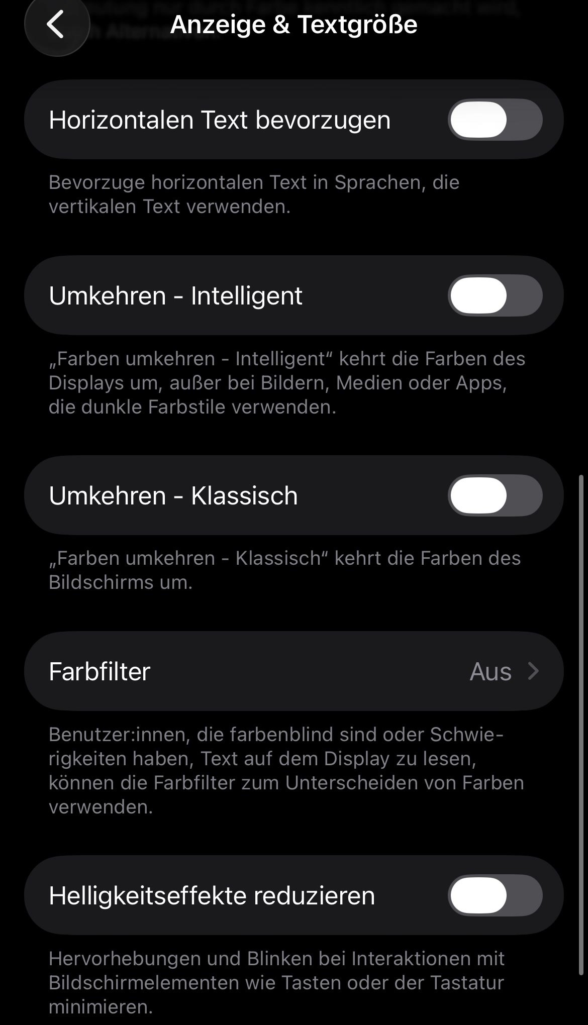 Anzeige und Textgröße: der Eintrag Farbfilter steht auf Aus