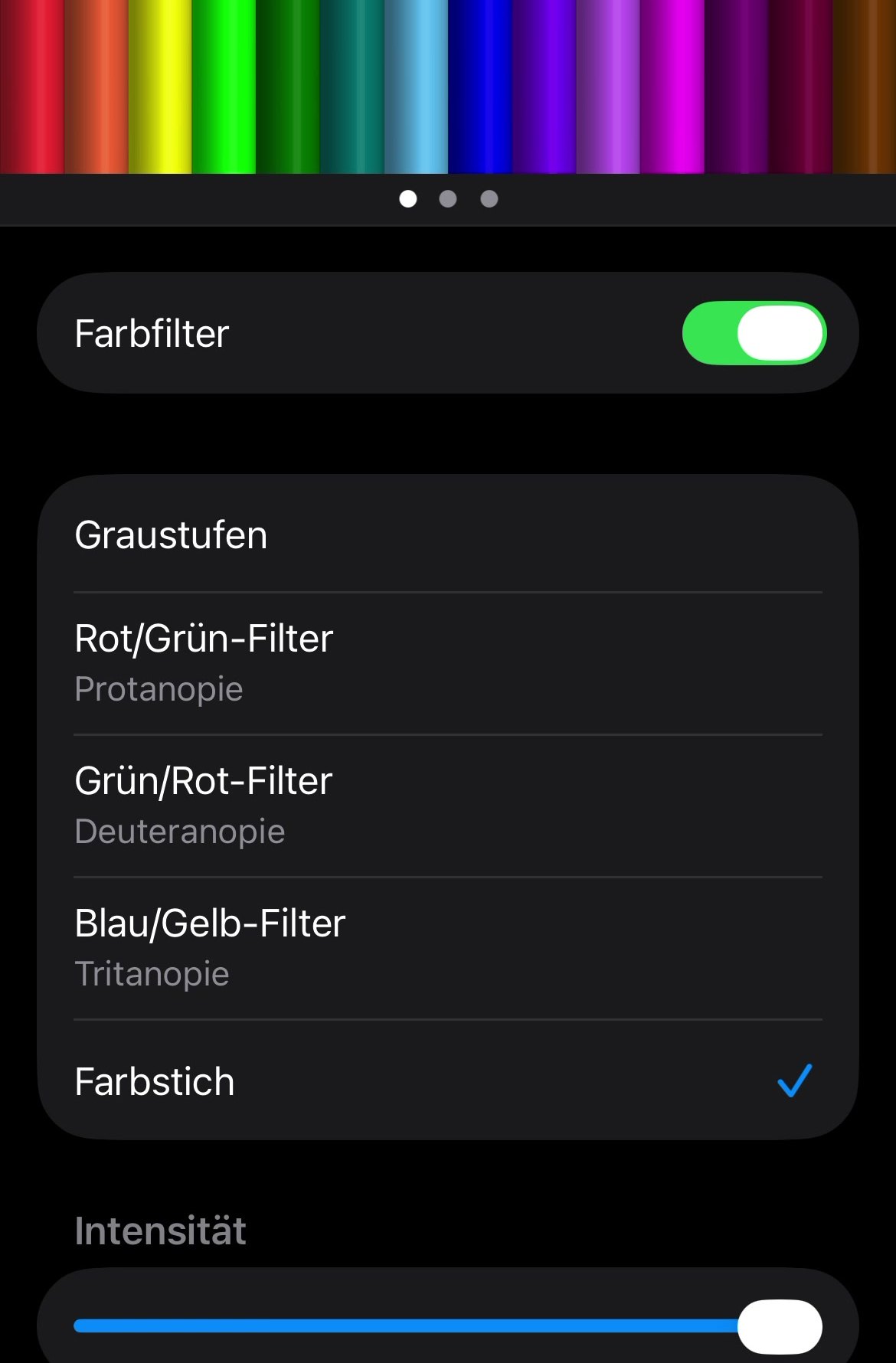 Farbfilter eingeschaltet, Farbstich angehakt, Intensität ganz rechts