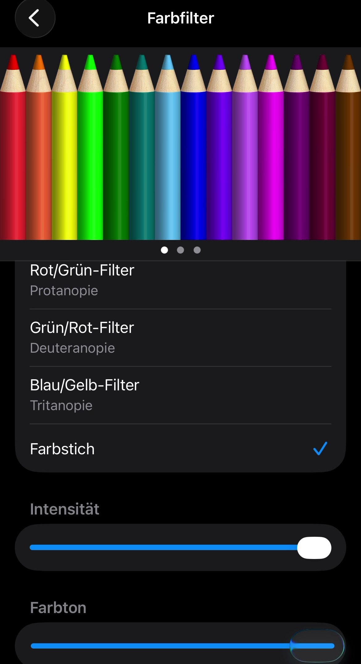 Farbton-Regler am iPhone ganz nach rechts geschoben, Intensität ebenfalls auf Maximum
